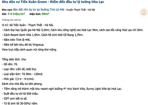 Thông tin rao bán dự án "ma" có tên gọi Tiến Xuân Green trên một số website đăng tin mua, bán bất động sản